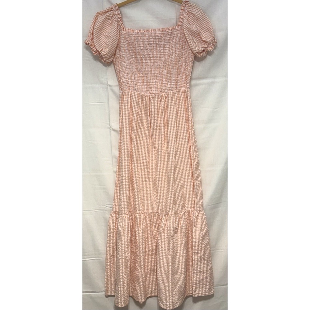 Altard State Peach Orange Gingham Seersucker Midi Dress Smocked Bodice M - Picture 1 of 5